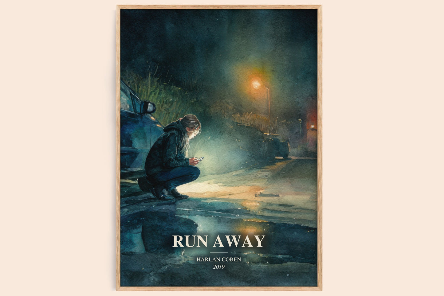 Run Away watercolour book poster by Harlan Coben – framed literary art print
