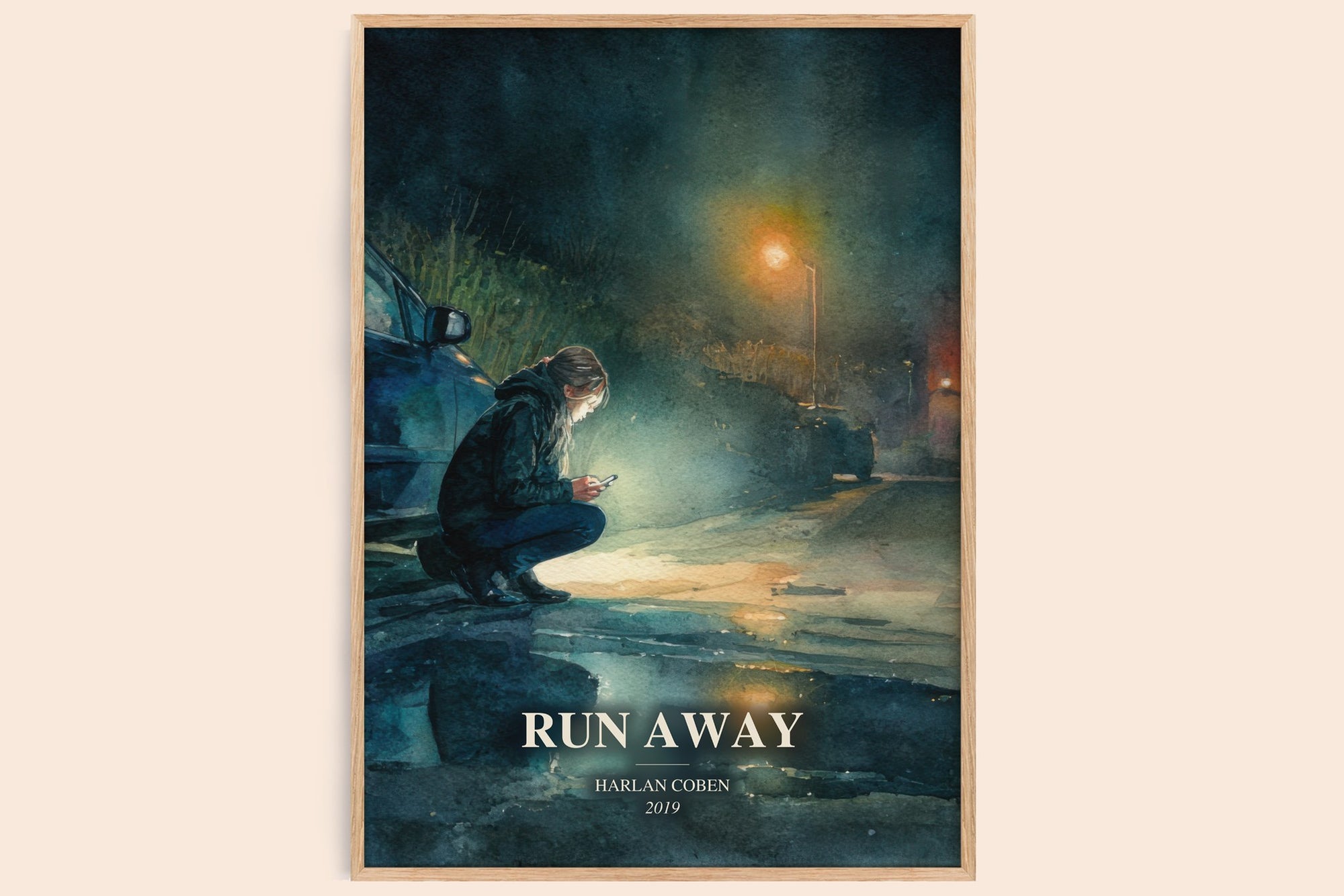 Run Away watercolour book poster by Harlan Coben – framed literary art print