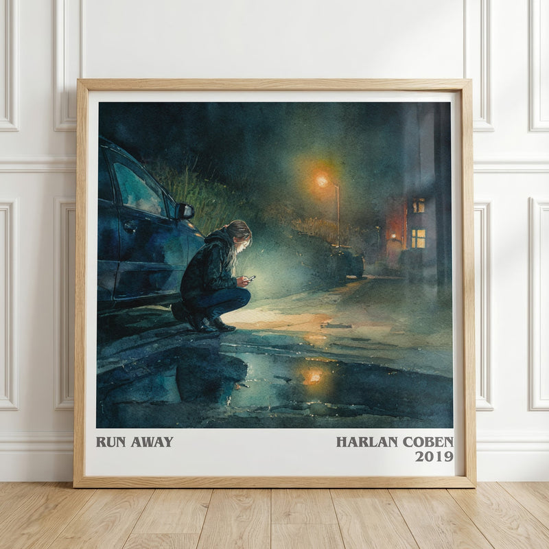 Run Away literary print in frame leaning in hallway – thriller wall art