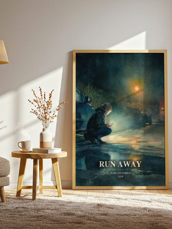Run Away watercolour print in frame leaning in hallway – thriller wall art
