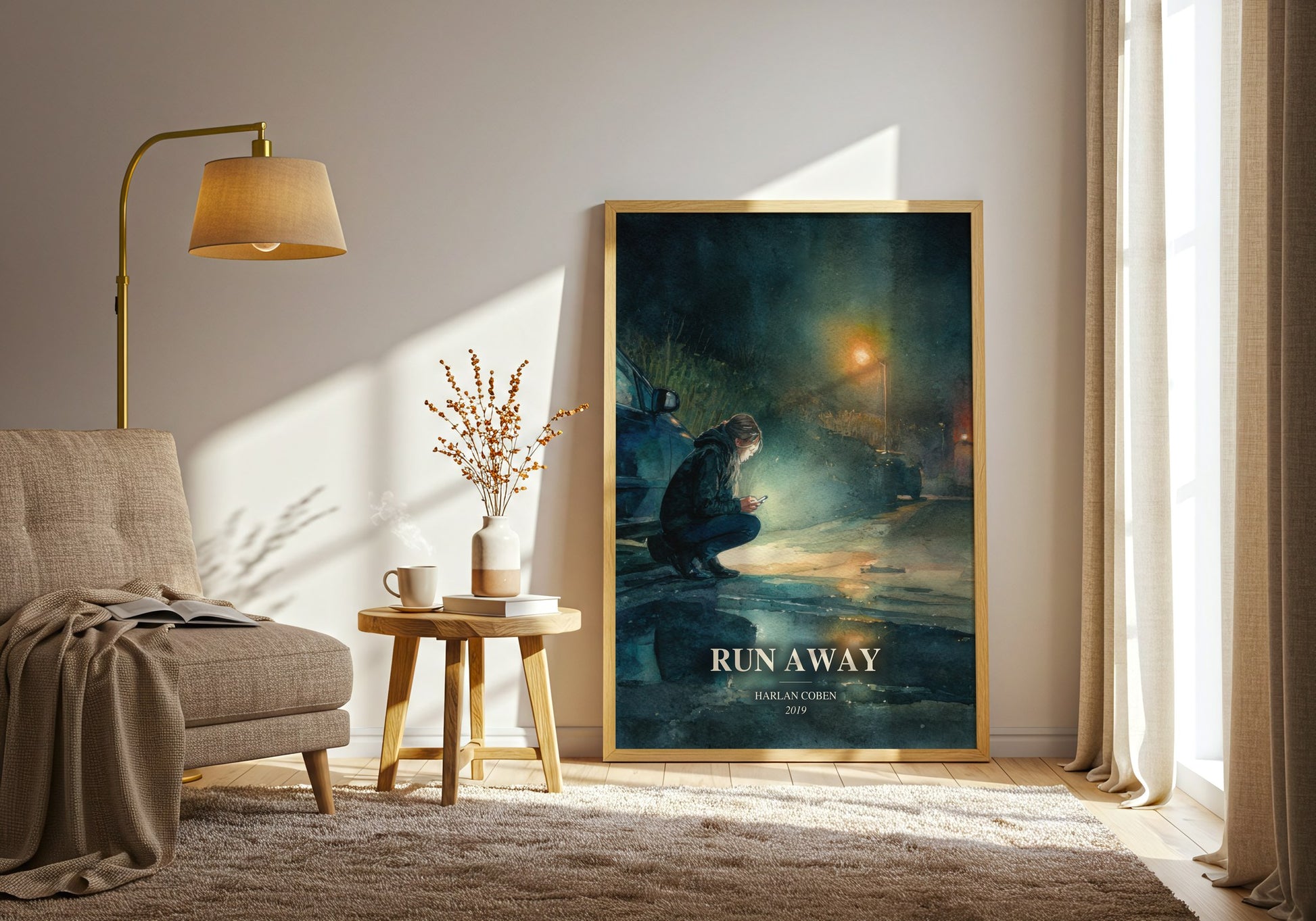 Run Away watercolour print in frame leaning in hallway – thriller wall art