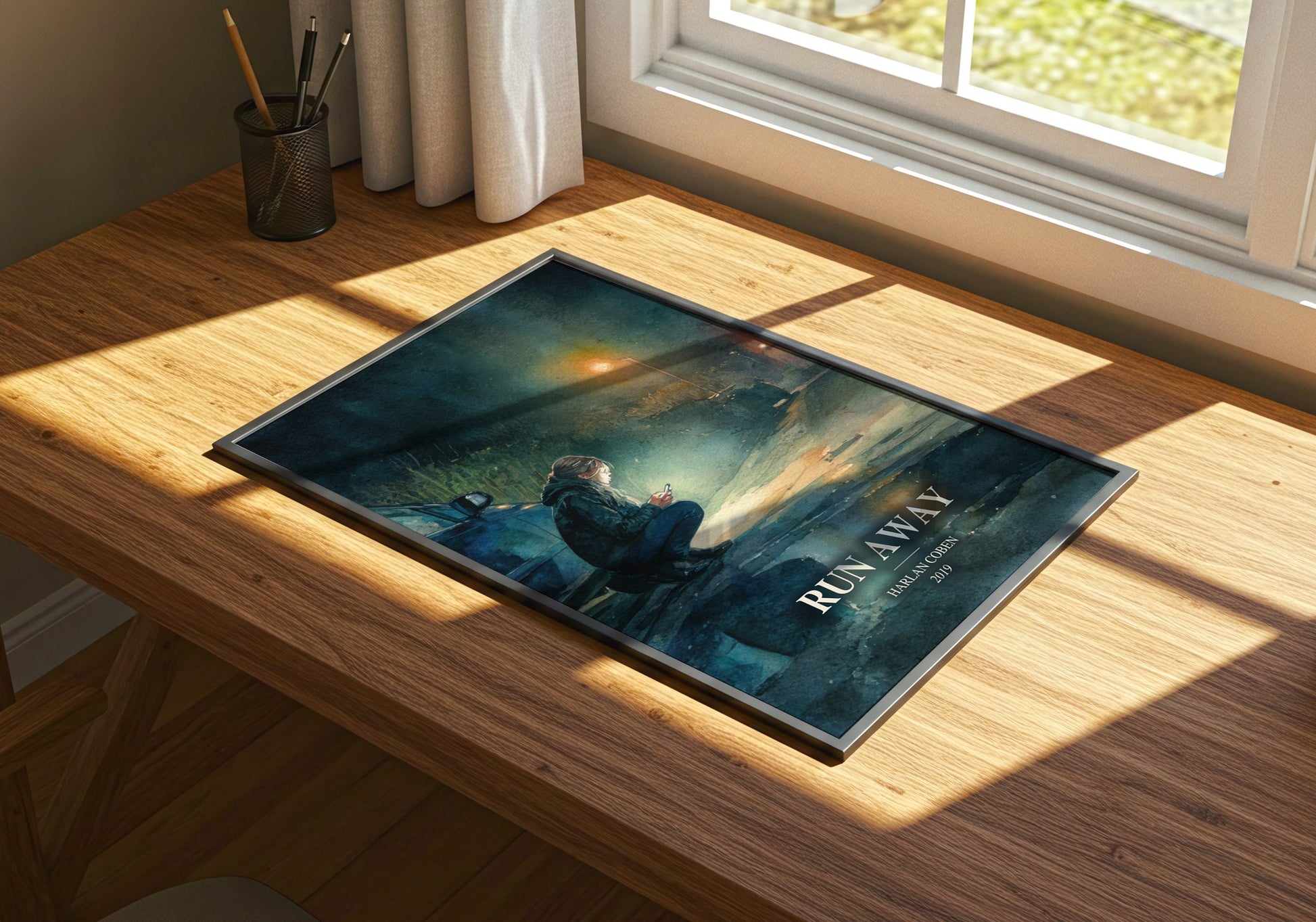 Run Away watercolour book poster framed on wall – thriller wall art