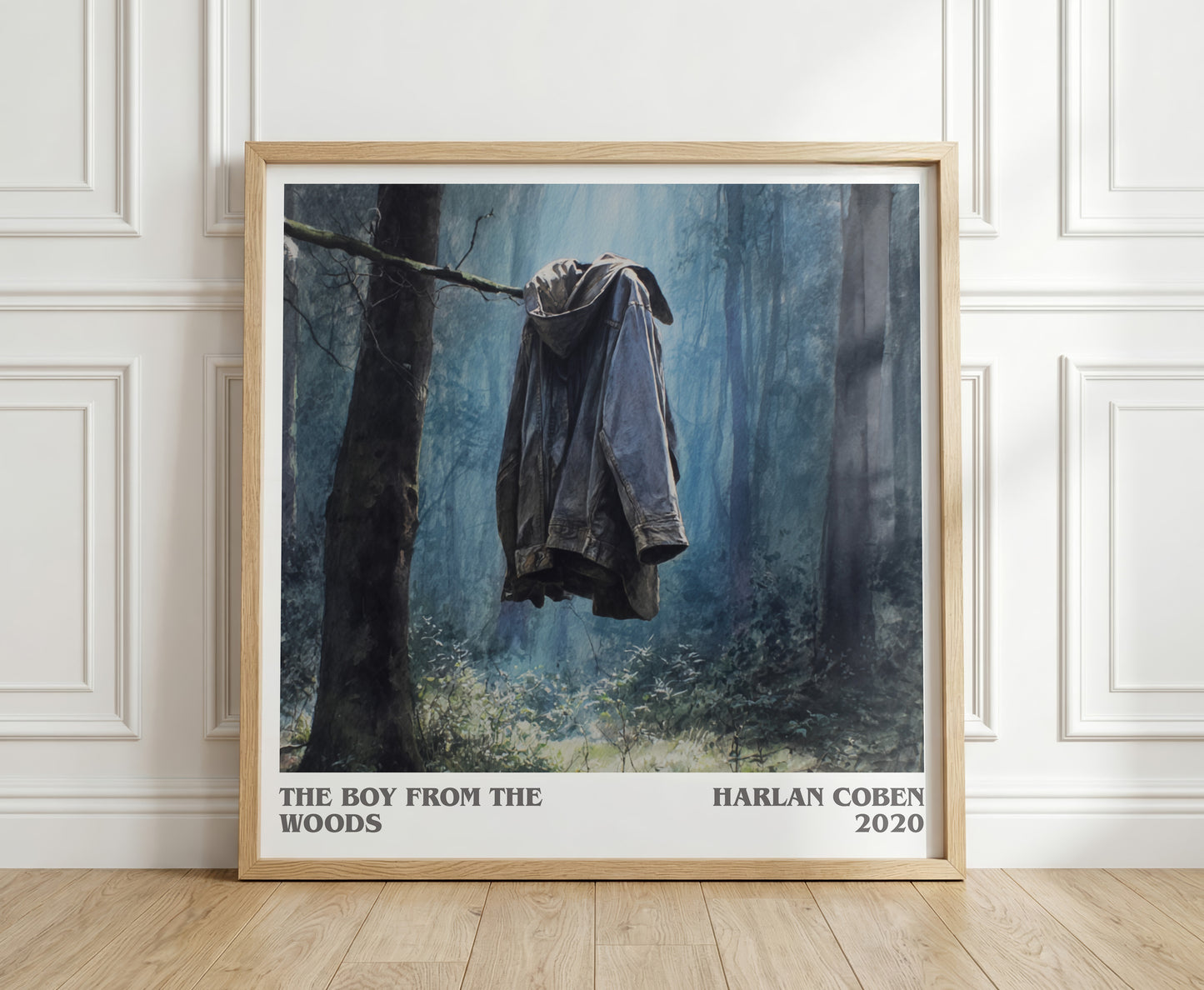 The Boy from the Woods literary print in frame leaning in hallway – thriller wall art