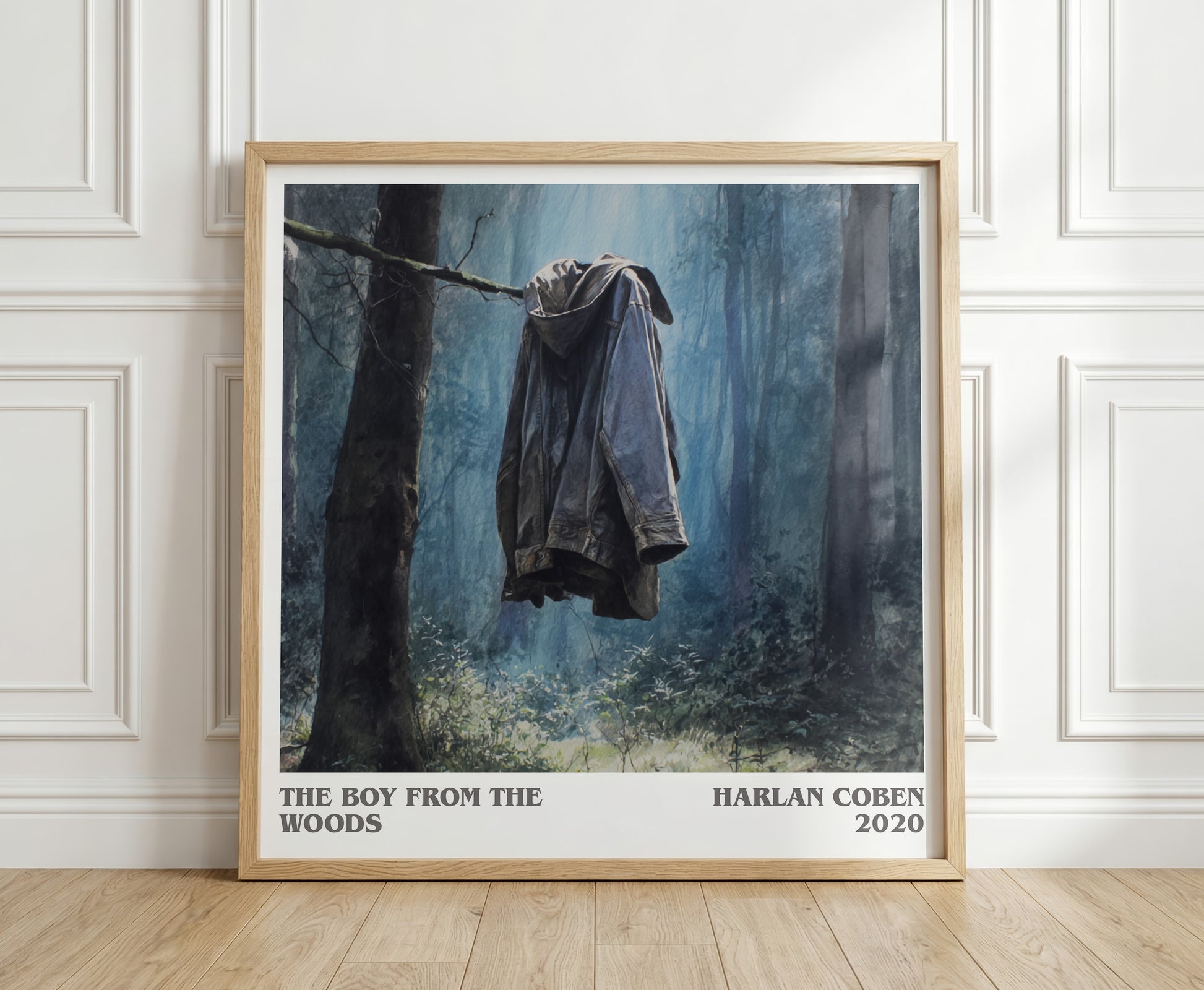 The Boy from the Woods literary print in frame leaning in hallway – thriller wall art