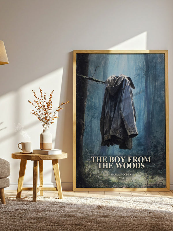 The Boy From The Woods watercolour print in frame leaning in hallway – thriller wall art