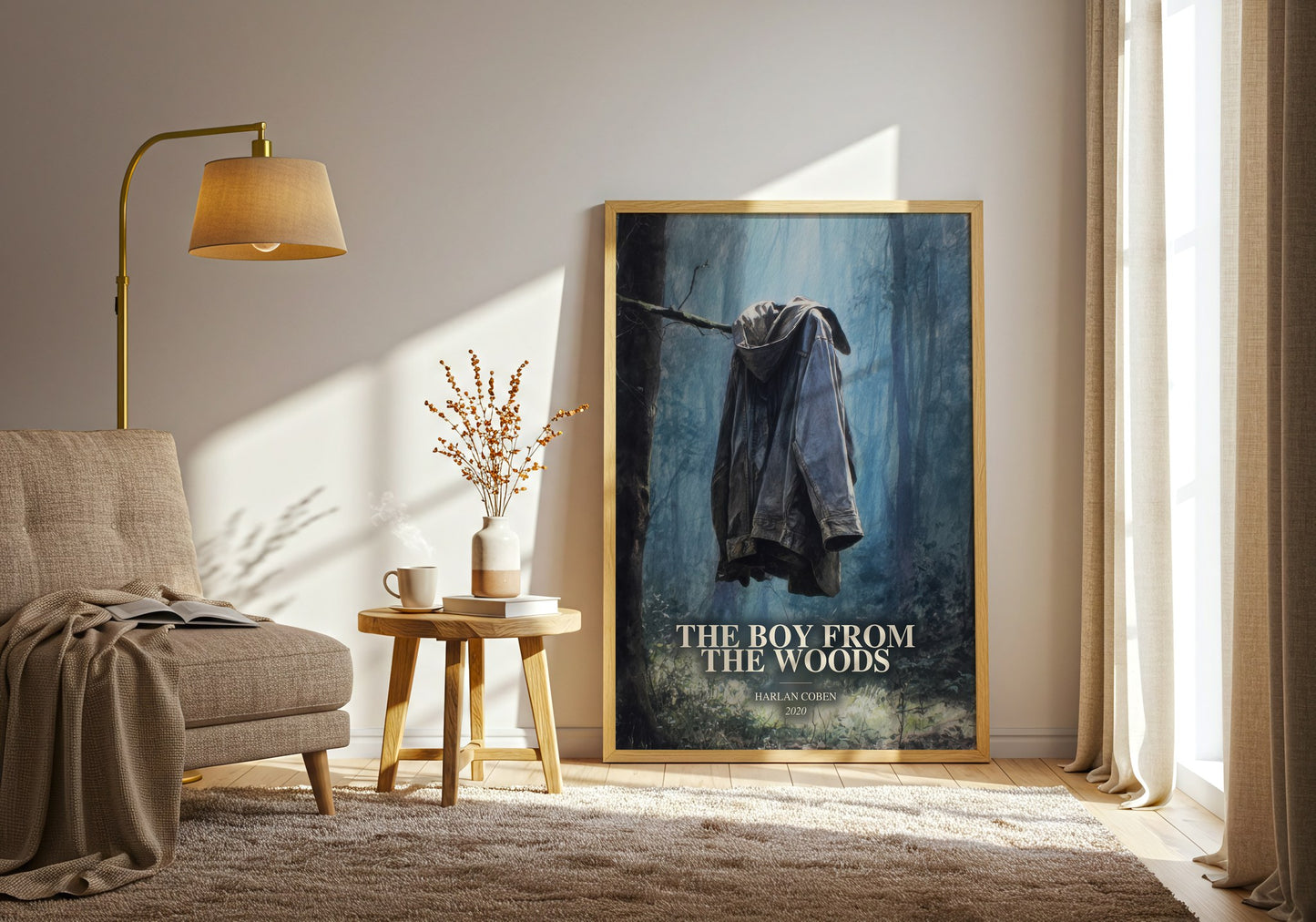 The Boy From The Woods watercolour print in frame leaning in hallway – thriller wall art