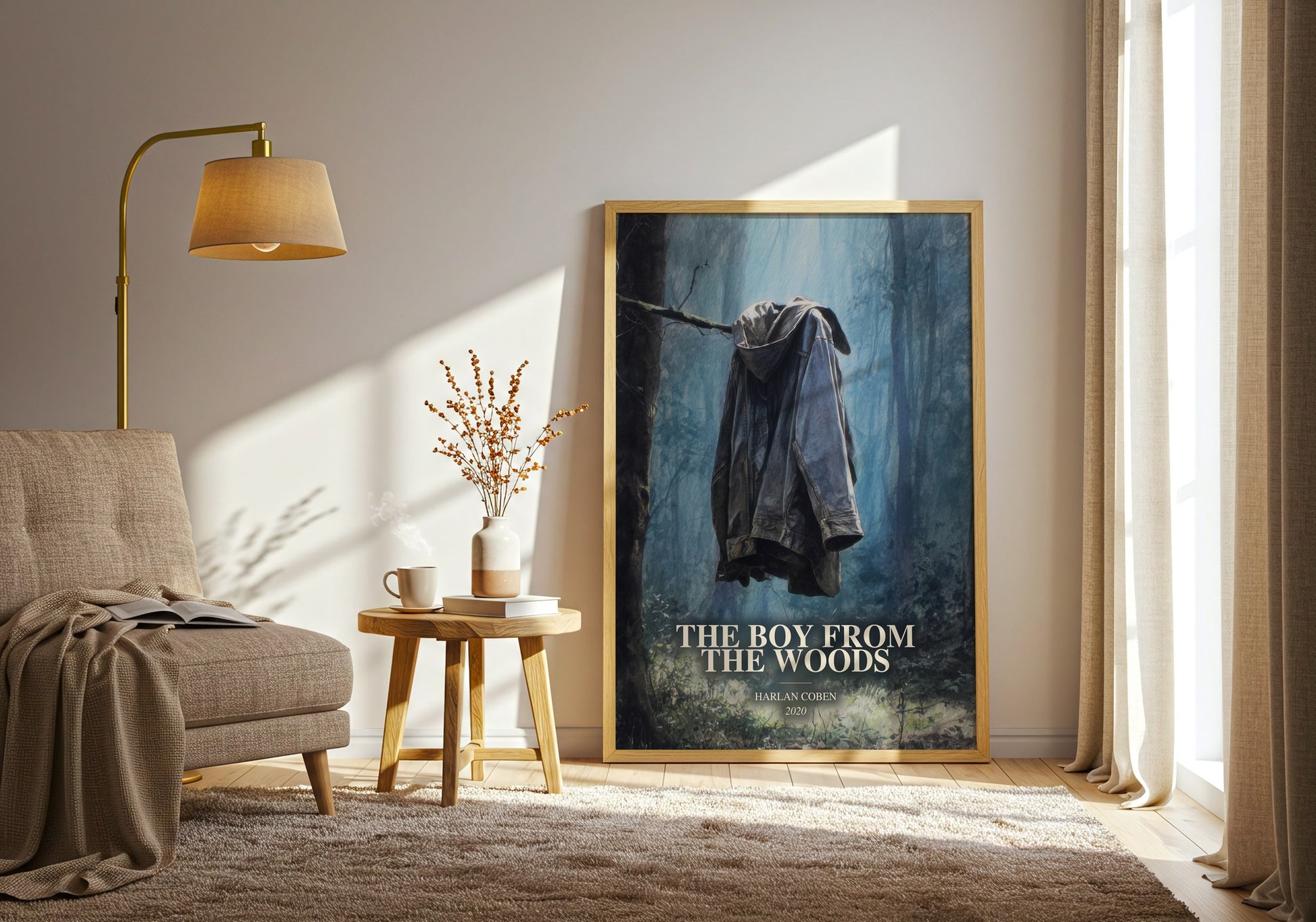 The Boy From The Woods watercolour print in frame leaning in hallway – thriller wall art