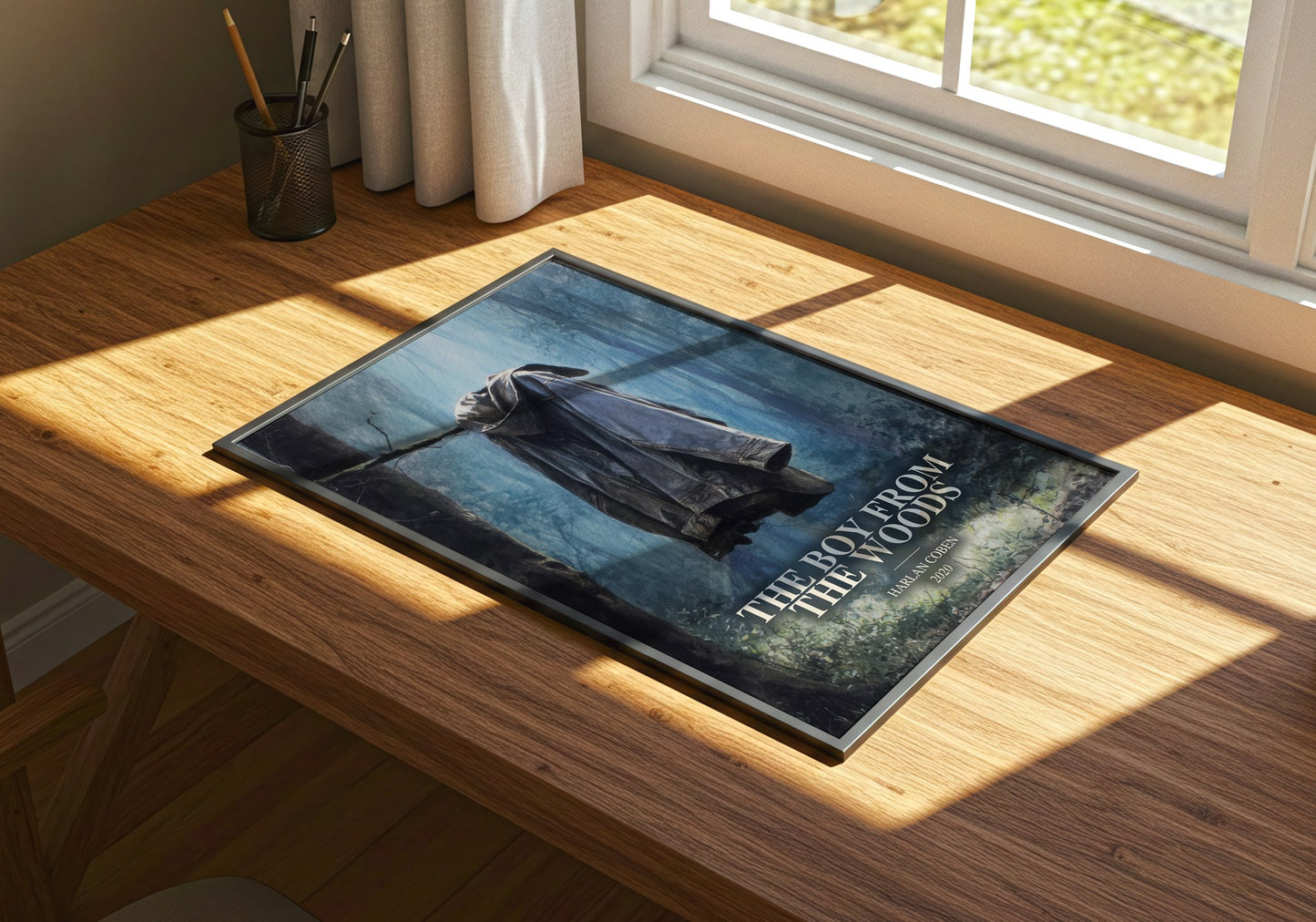 The Boy From The Woods watercolour book poster framed on wall – thriller wall art