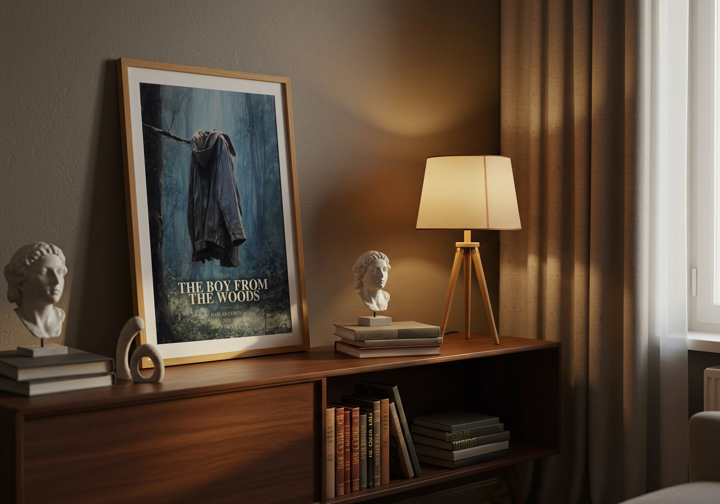 The Boy From The Woods watercolour print on bookshelf – Harlan Coben fan gift