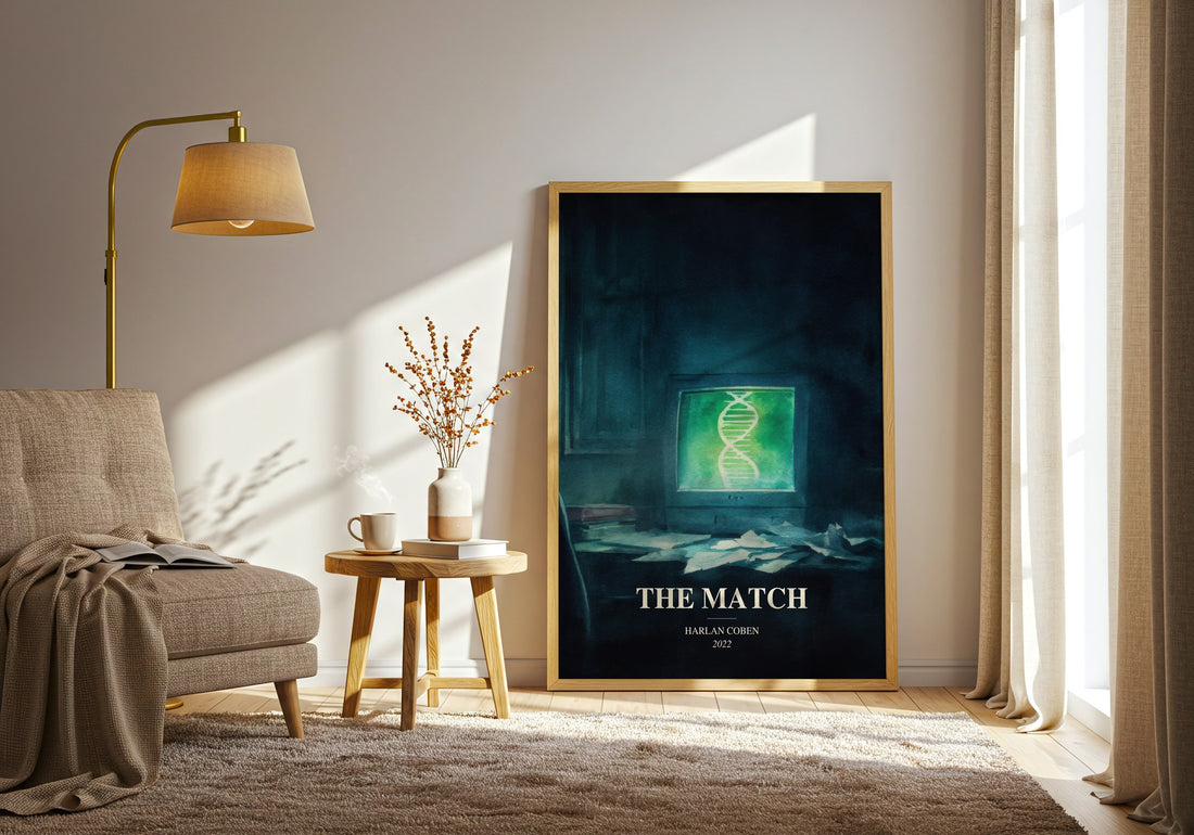 The Match watercolour print in frame leaning in hallway – thriller wall art (mockup)