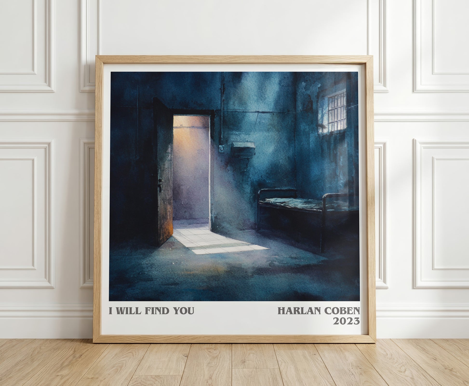 I Will Find You literary print in frame leaning in hallway – thriller wall art
