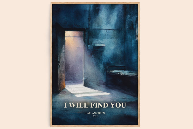 I Will Find You watercolour book poster by Harlan Coben – framed literary art print