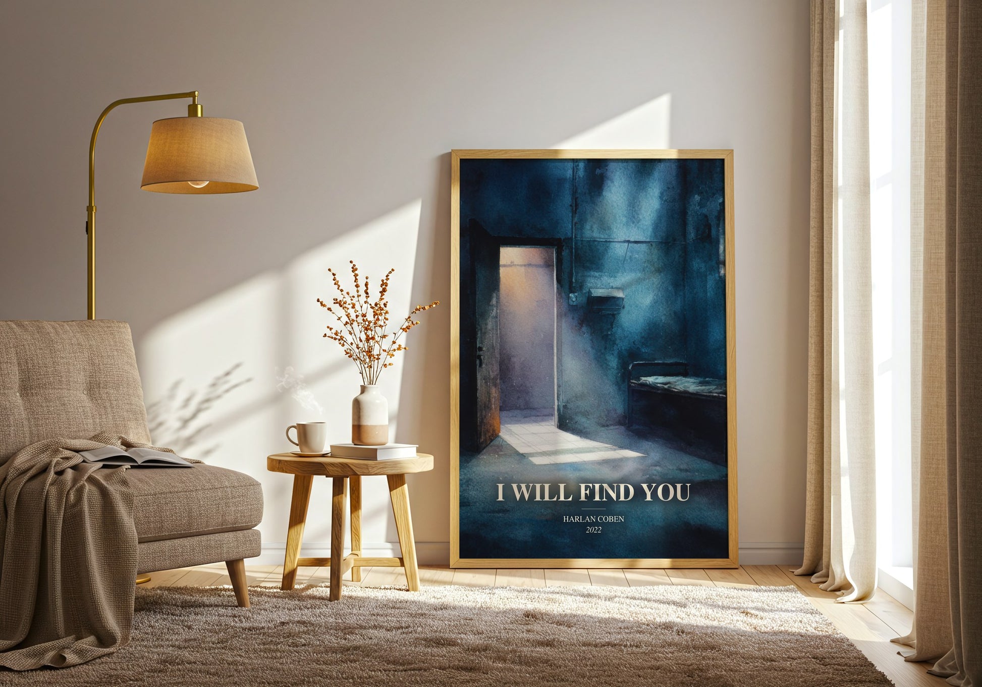 I Will Find You watercolour print in frame leaning in hallway – thriller wall art