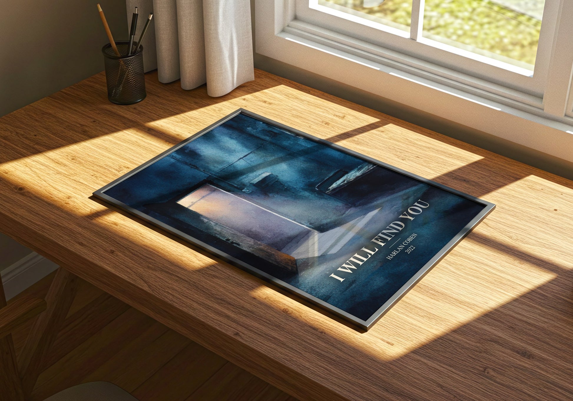 I Will Find You watercolour book poster framed on wall – thriller wall art