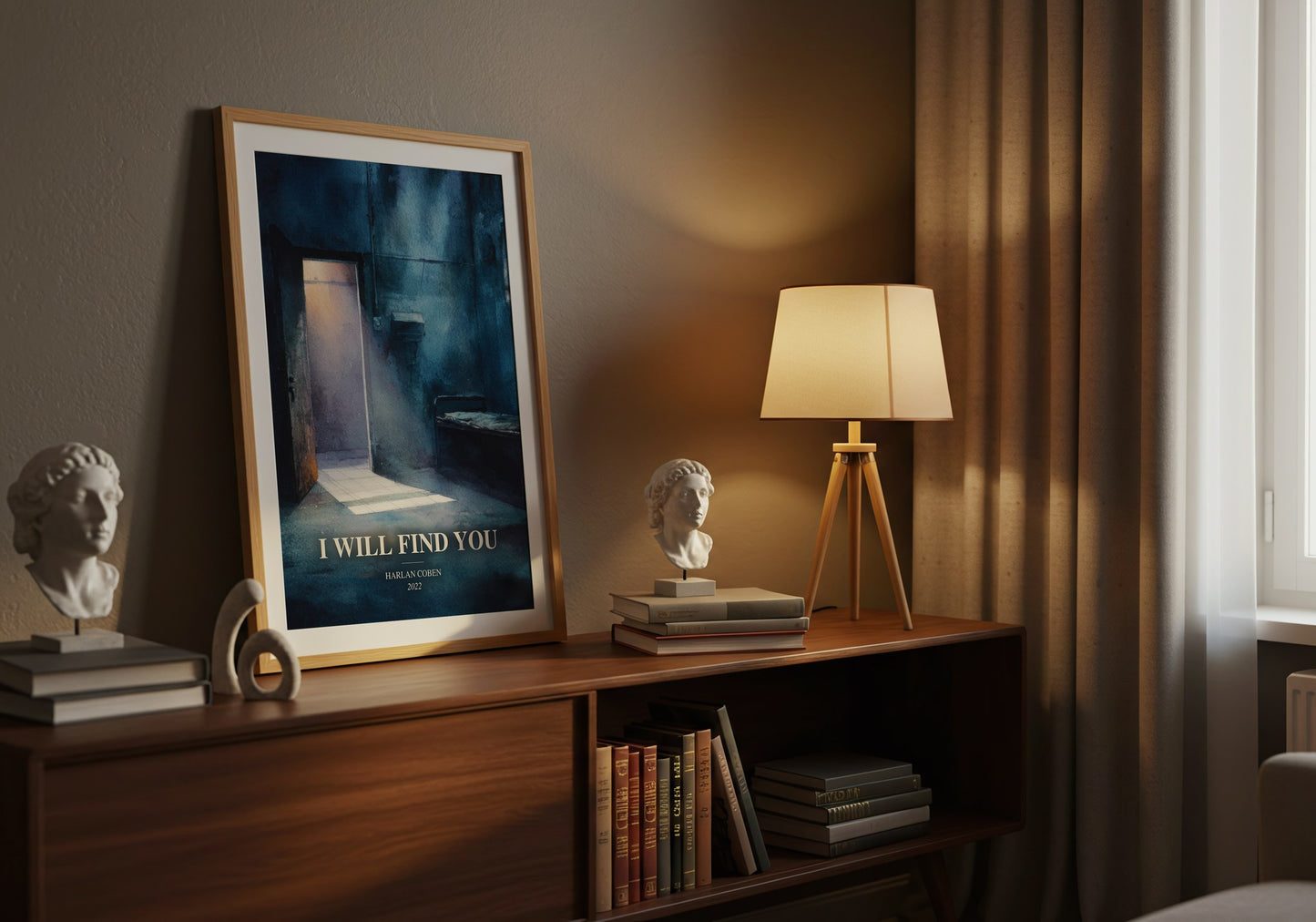 I Will Find You watercolour print on bookshelf – Harlan Coben fan gift