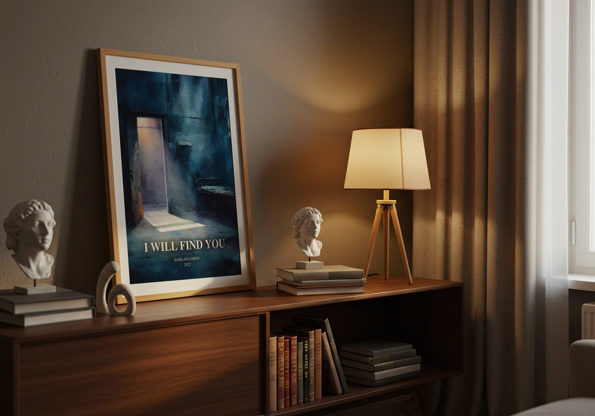 I Will Find You watercolour print on bookshelf – Harlan Coben fan gift