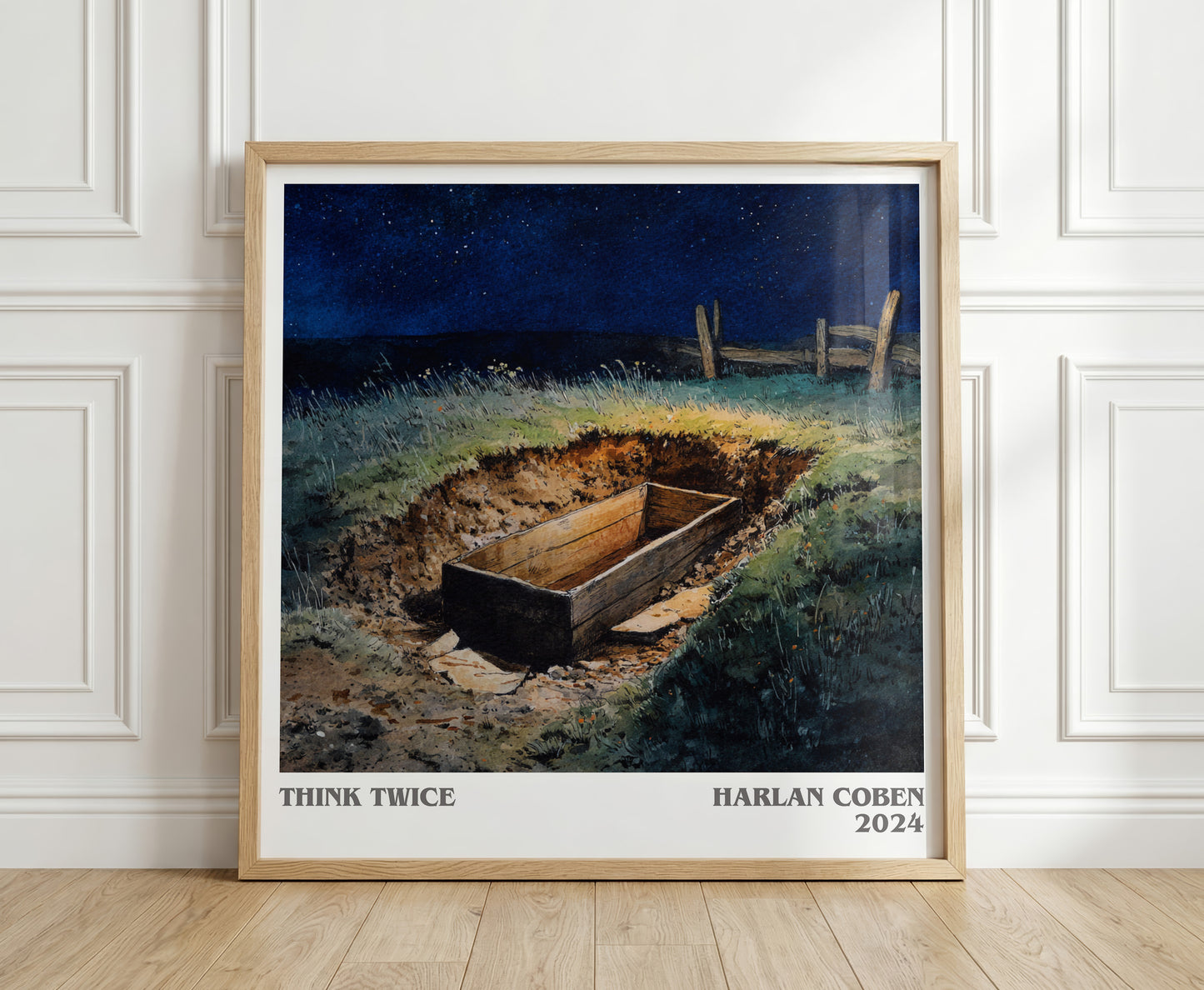 Think Twice literary print in frame leaning in hallway – thriller wall art