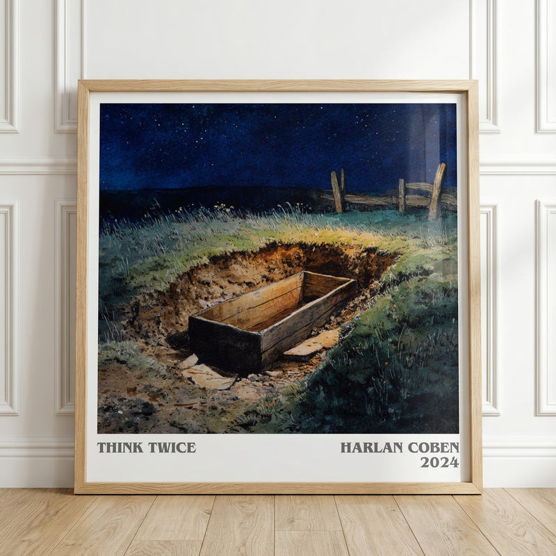 Think Twice literary print in frame leaning in hallway – thriller wall art