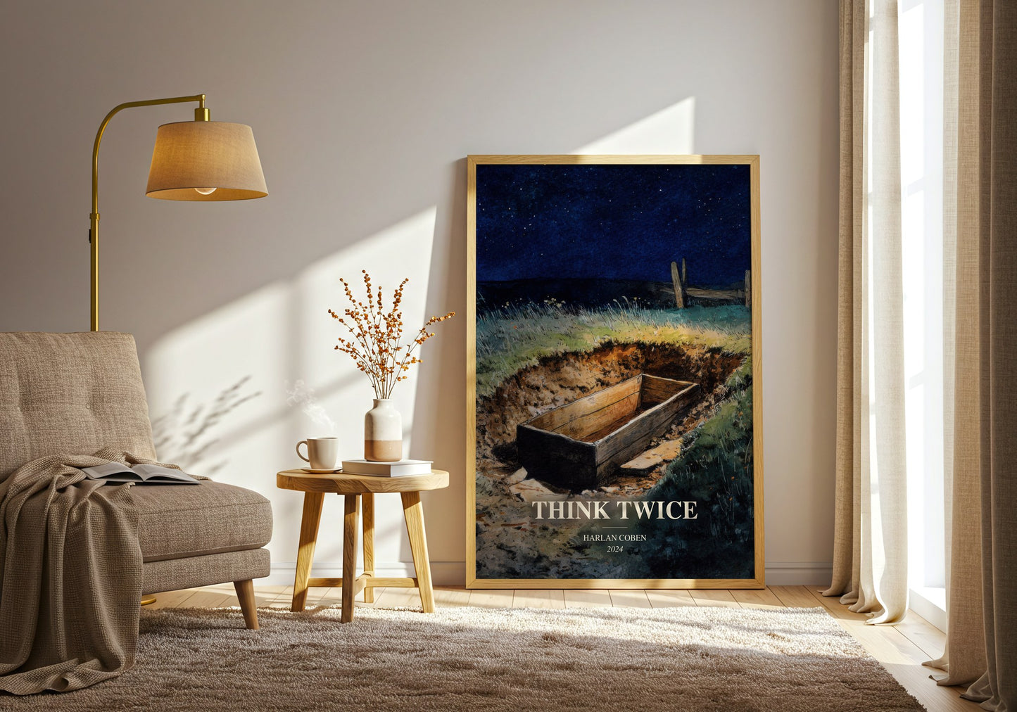 Think Twice watercolour print in frame leaning in hallway – thriller wall art