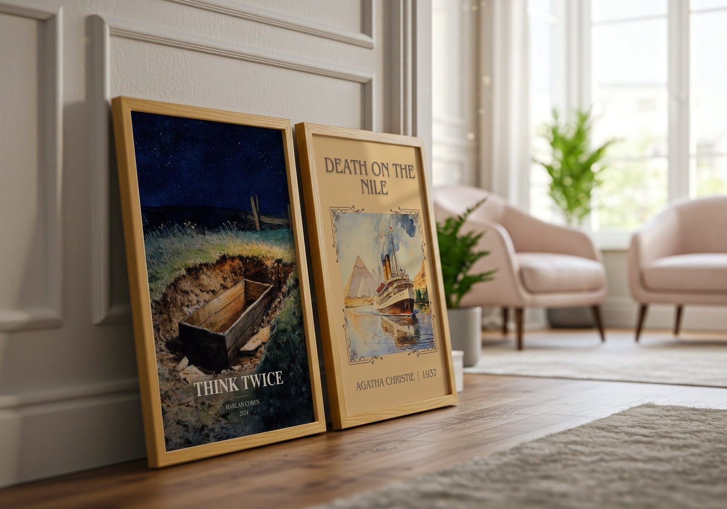 Think Twice watercolour print framed by window – literary home decor