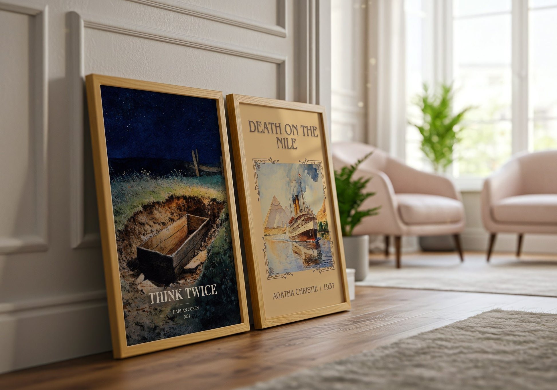 Think Twice watercolour print framed by window – literary home decor
