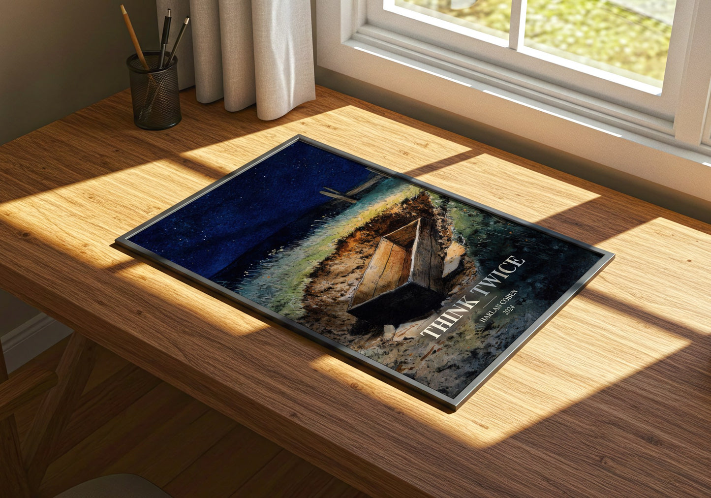 Think Twice watercolour book poster framed on wall – thriller wall art