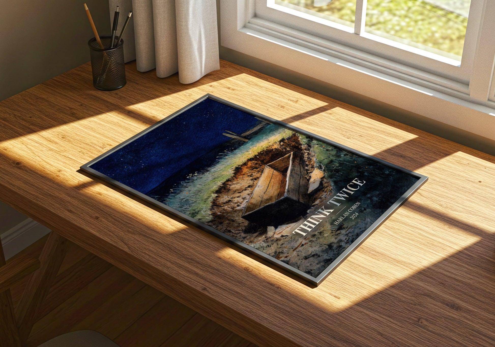 Think Twice watercolour book poster framed on wall – thriller wall art