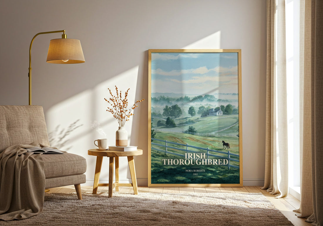 Irish Thoroughbred watercolour print in frame leaning in hallway – romance wall art (mockup)