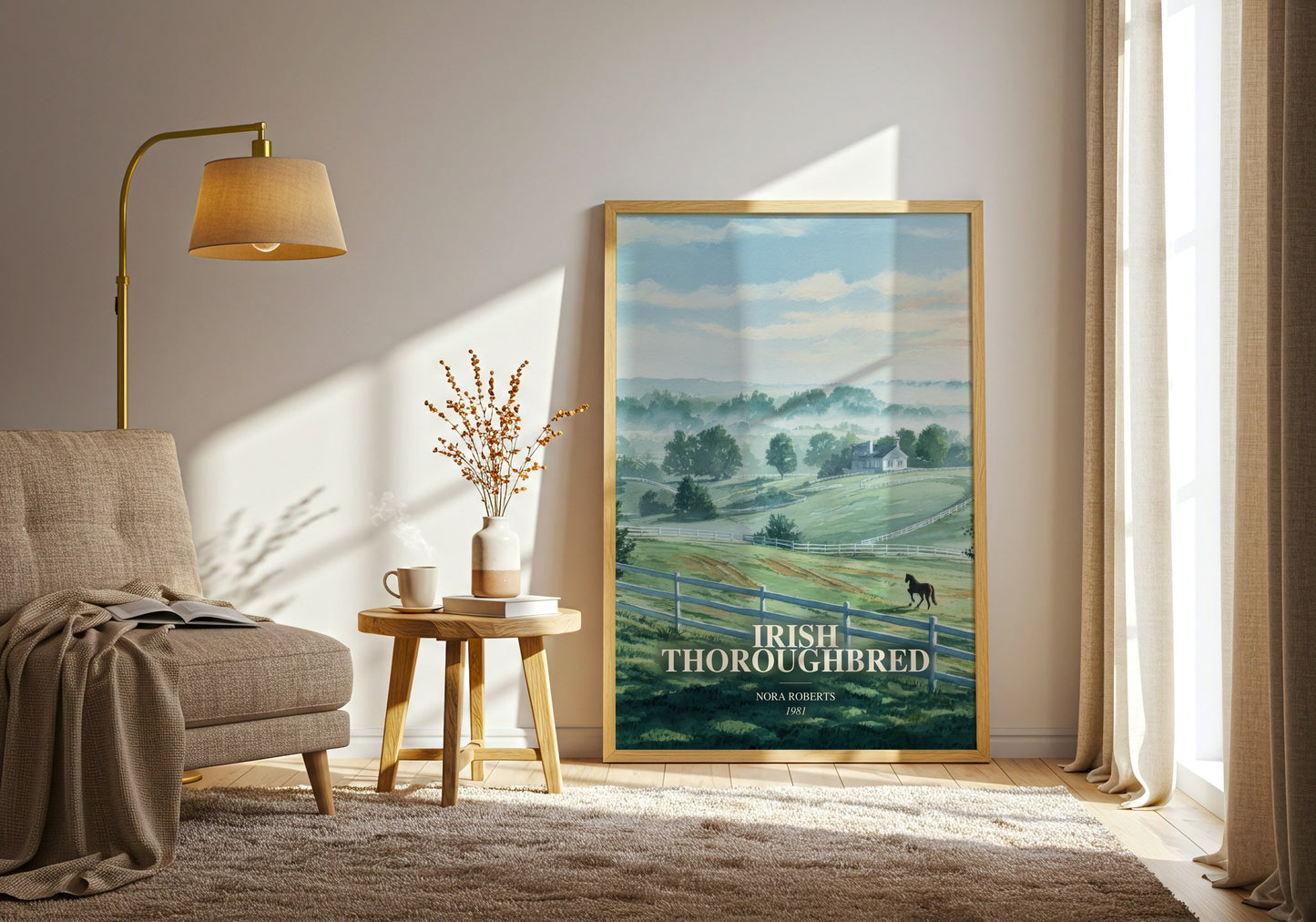 Irish Thoroughbred watercolour print in frame leaning in hallway – romance wall art