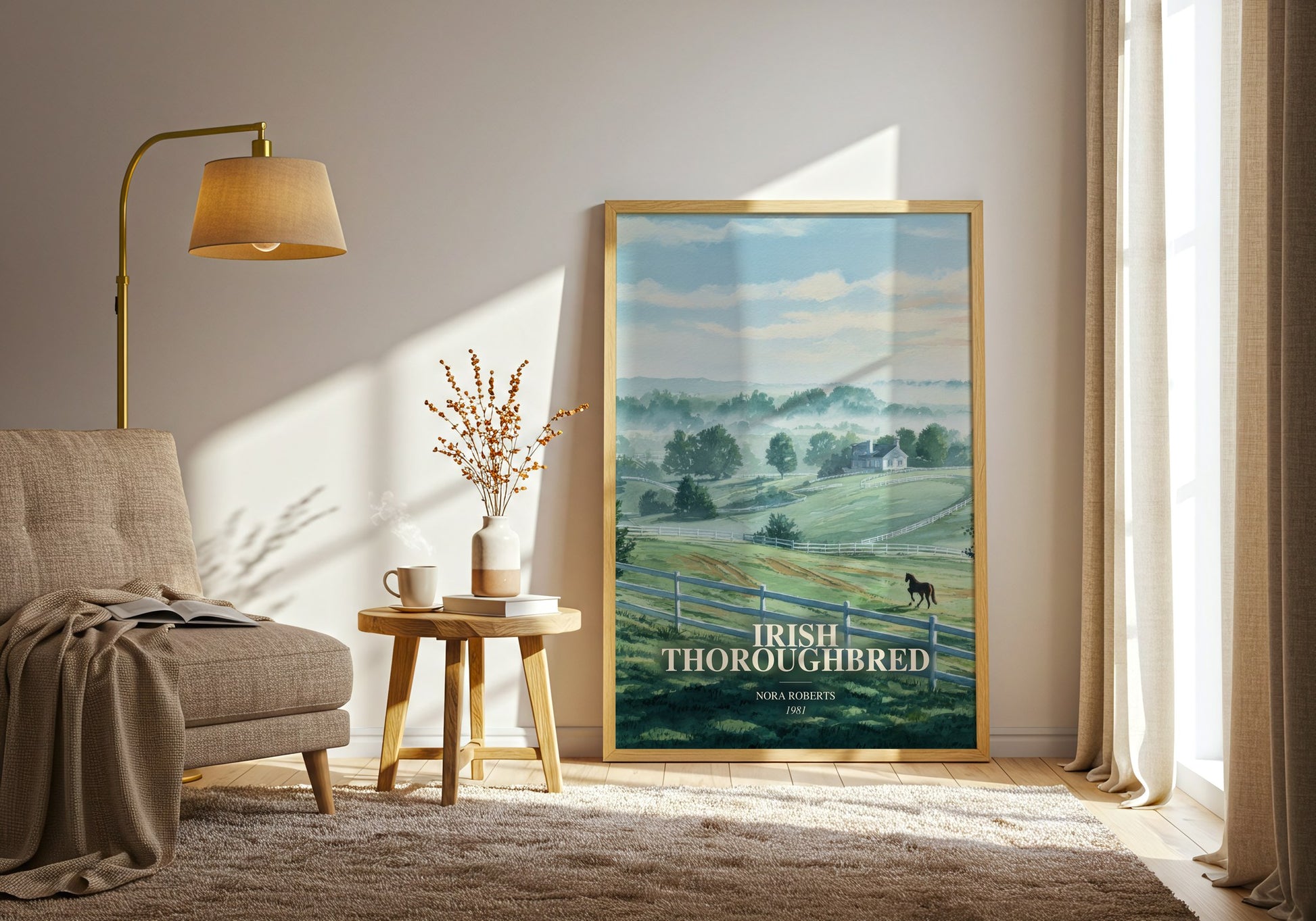 Irish Thoroughbred watercolour print in frame leaning in hallway – romance wall art