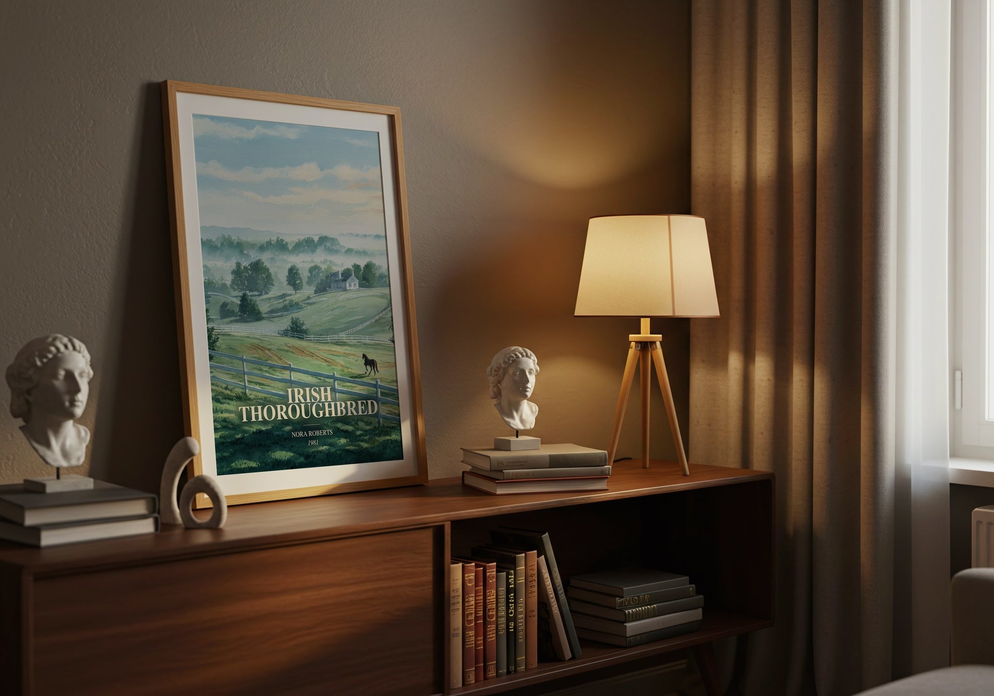 Irish Thoroughbred watercolour print on bookshelf – Nora Roberts fan gift
