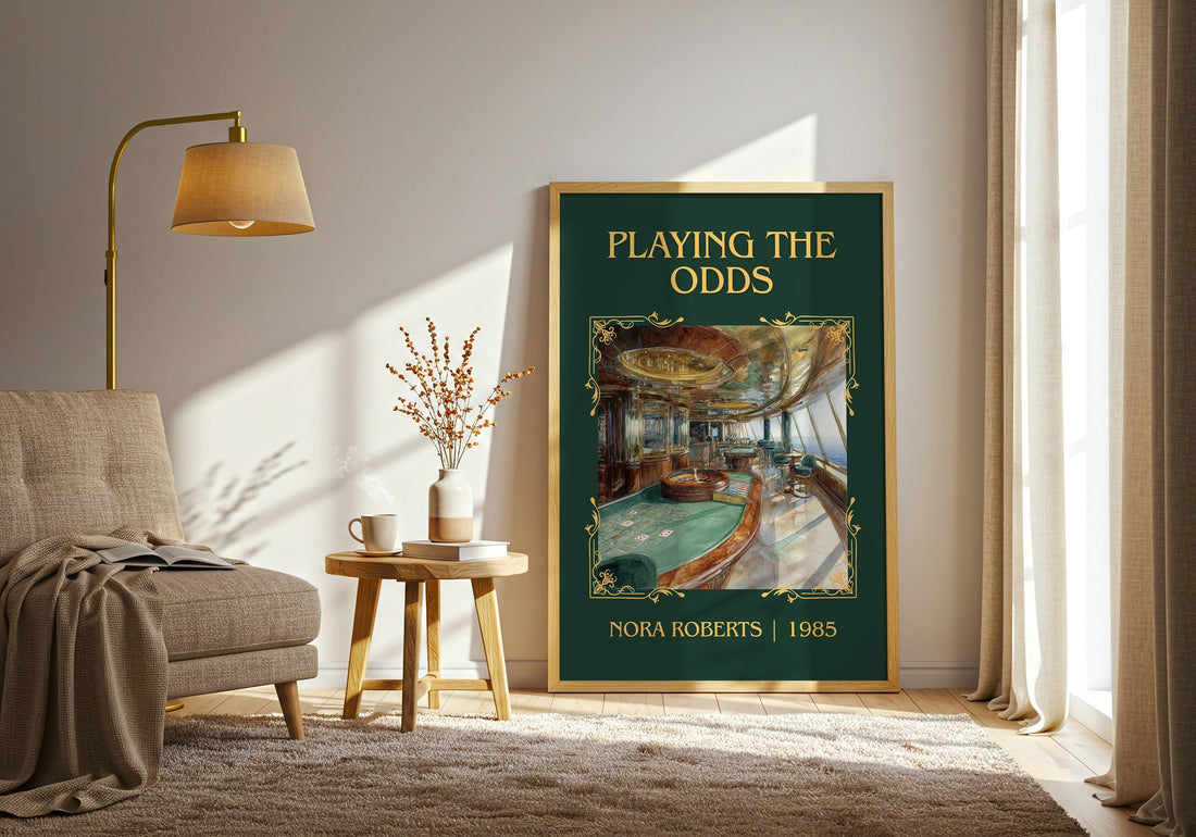 Playing the Odds classic book art print in frame leaning in hallway – romance wall art (mockup)