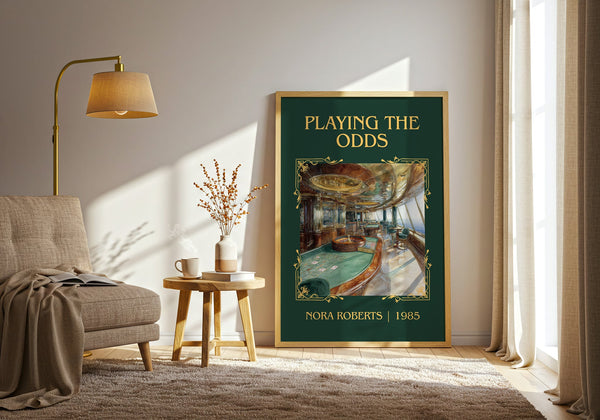 Playing the Odds classic book art print in frame leaning in hallway – romance wall art