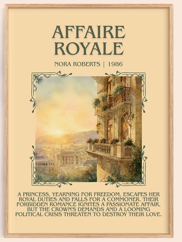 Affaire Royale minimalist book poster by Nora Roberts – framed literary art print
