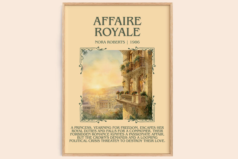 Affaire Royale minimalist book poster by Nora Roberts – framed literary art print