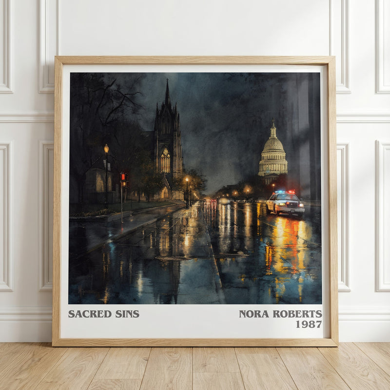 Sacred Sins literary print in frame leaning in hallway – thriller wall art