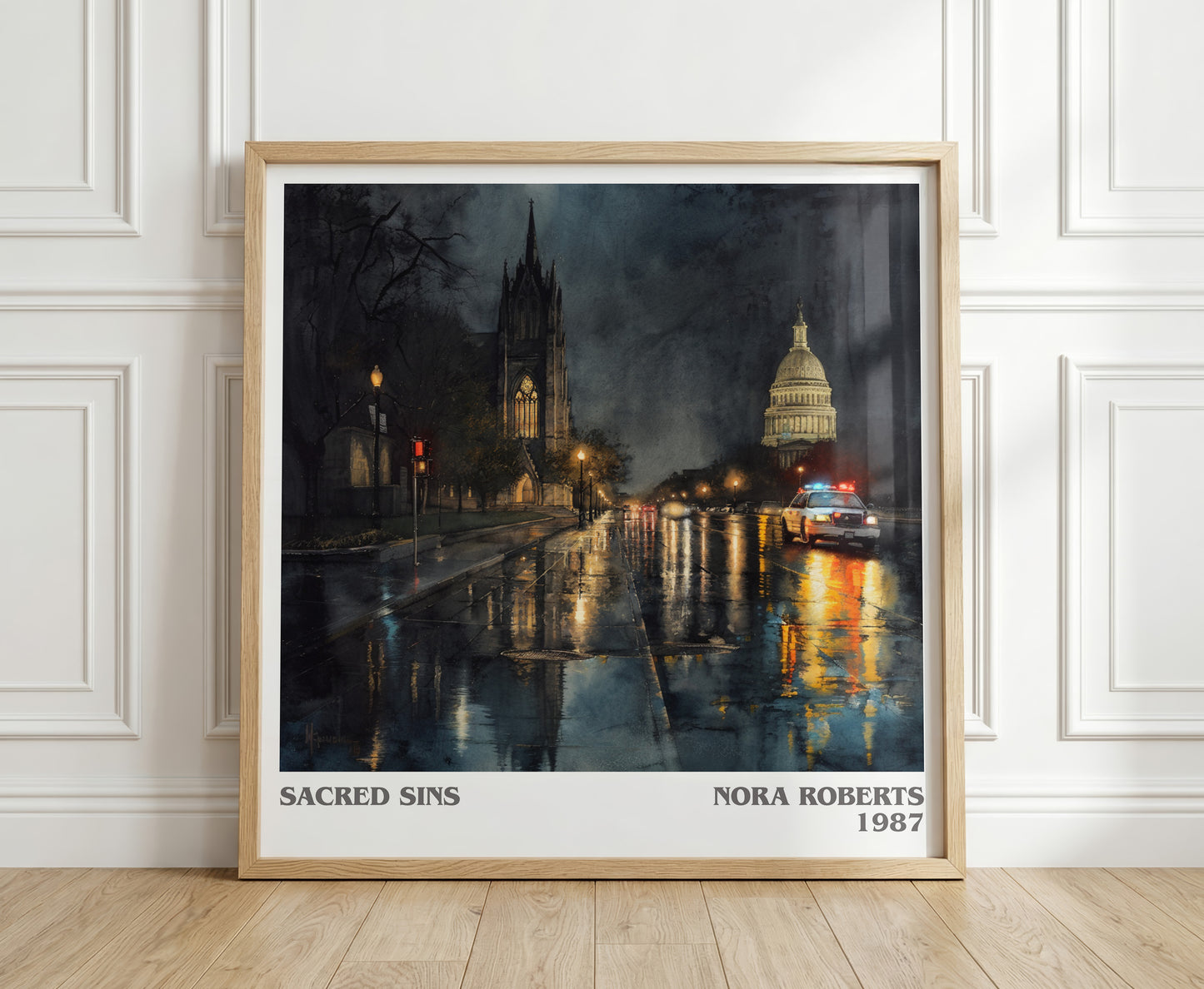 Sacred Sins literary print in frame leaning in hallway – thriller wall art