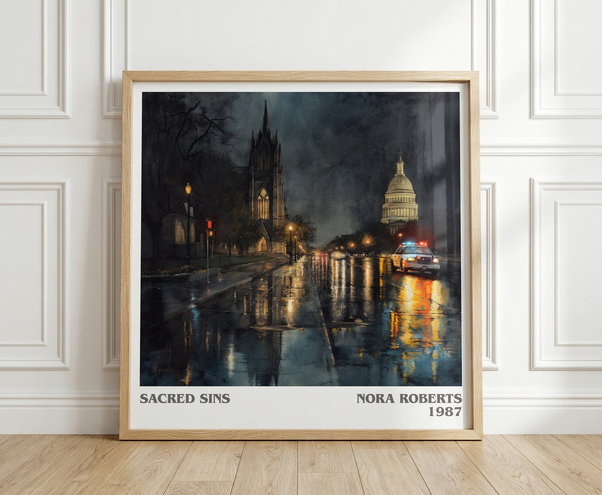 Sacred Sins literary print in frame leaning in hallway – thriller wall art