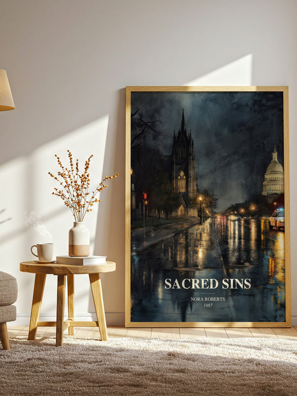 Sacred Sins watercolour print in frame leaning in hallway – thriller wall art