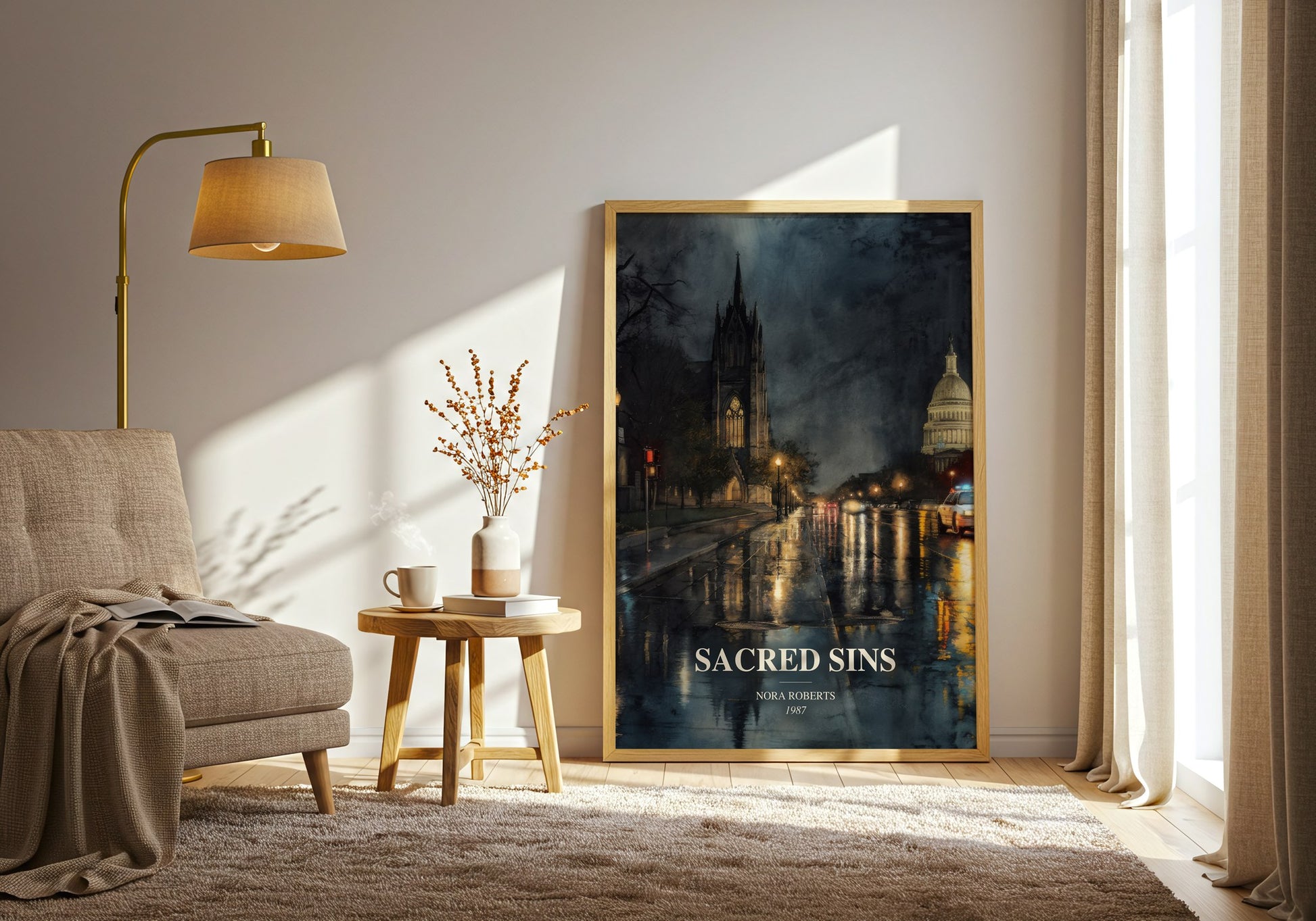 Sacred Sins watercolour print in frame leaning in hallway – thriller wall art