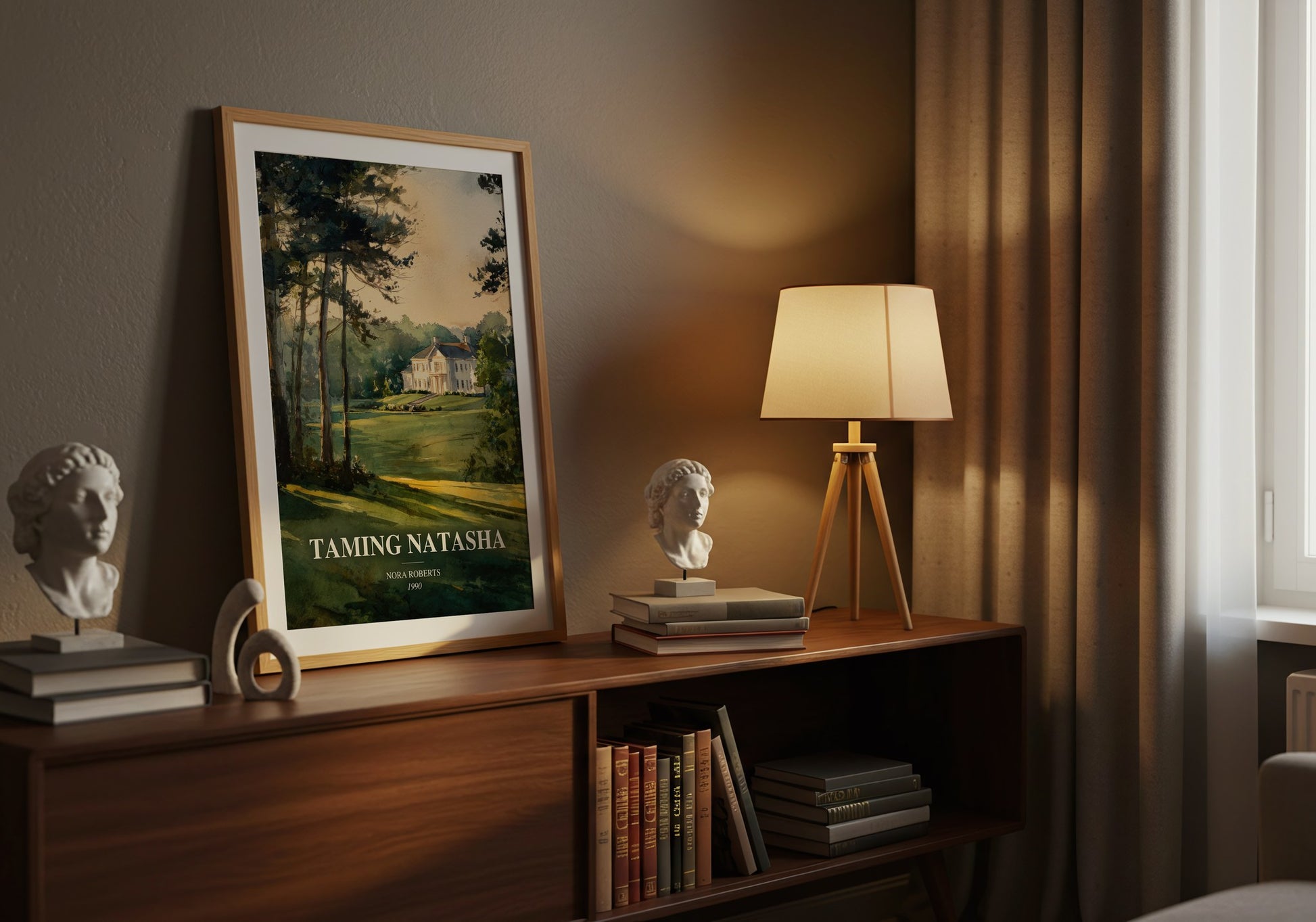 Taming Natasha watercolour print on bookshelf – Nora Roberts fan gift