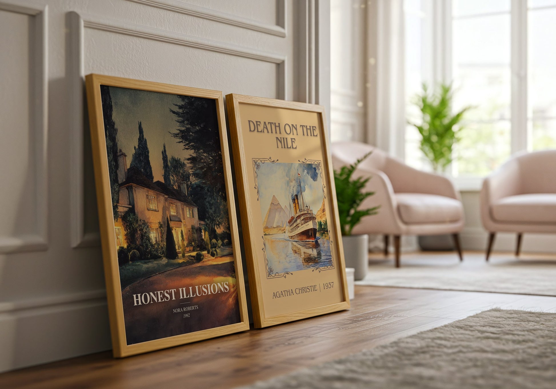 Honest Illusions watercolour print framed by window – literary home decor
