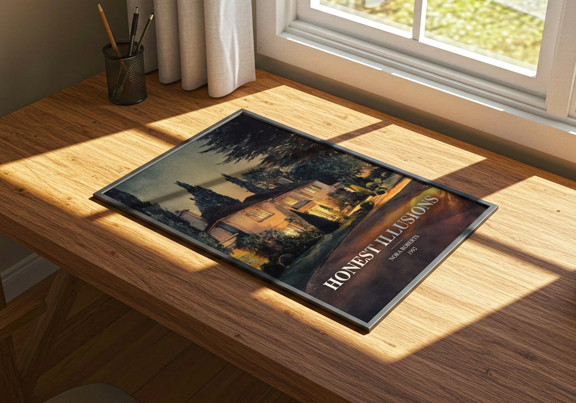 Honest Illusions watercolour book poster framed on wall – romance wall art