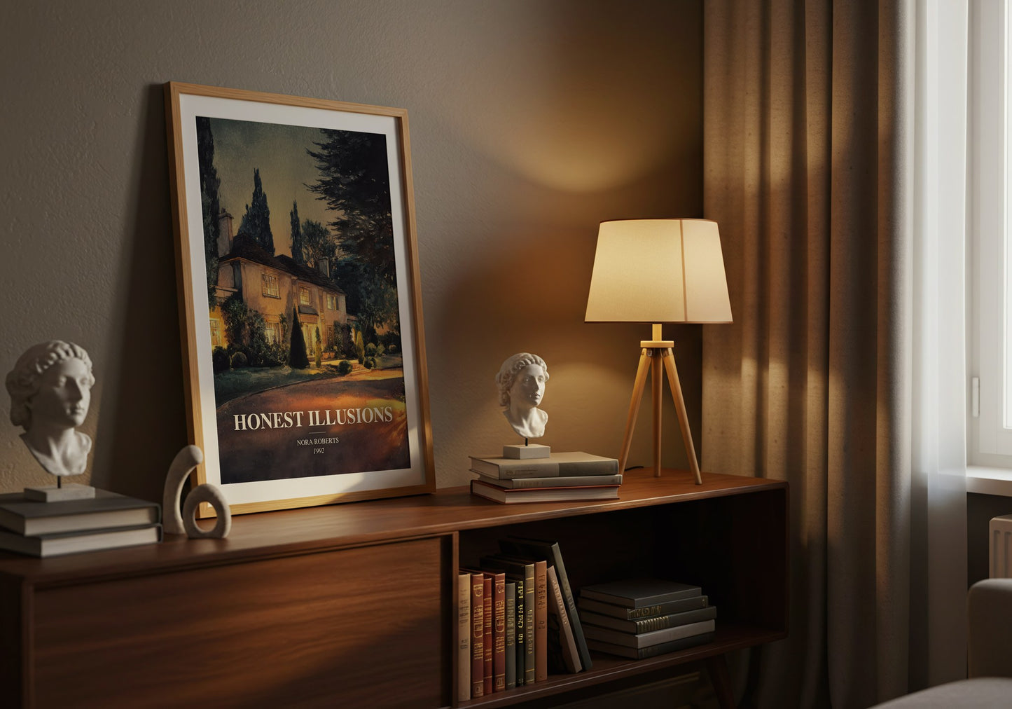 Honest Illusions watercolour print on bookshelf – Nora Roberts fan gift