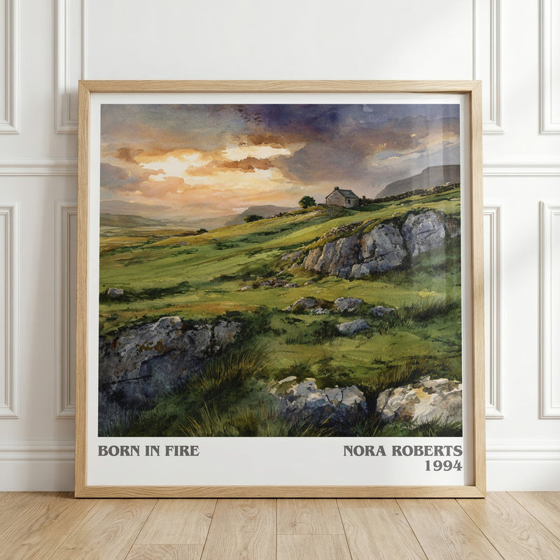Born in Fire literary print in frame leaning in hallway – romance wall art