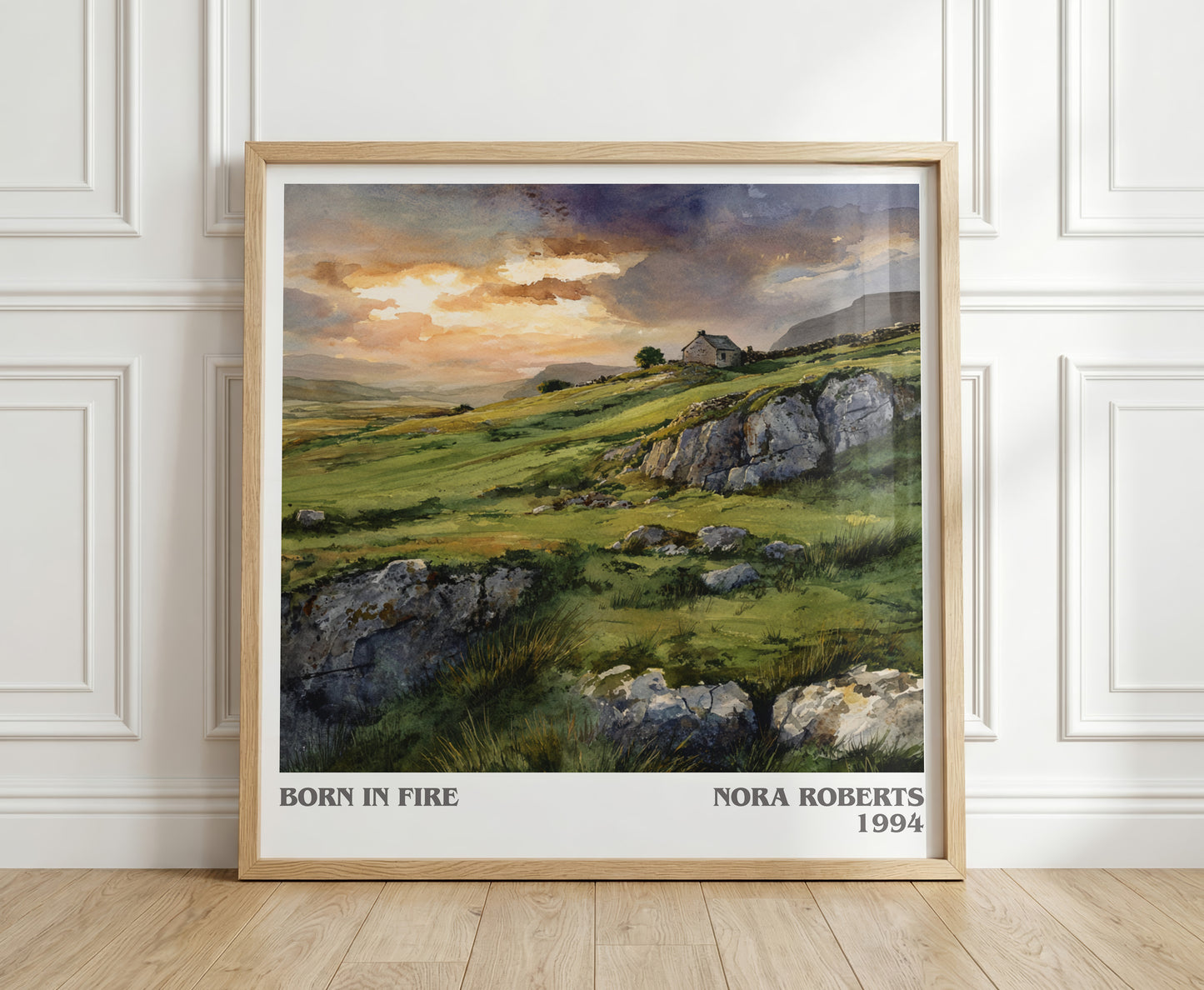 Born in Fire literary print in frame leaning in hallway – romance wall art