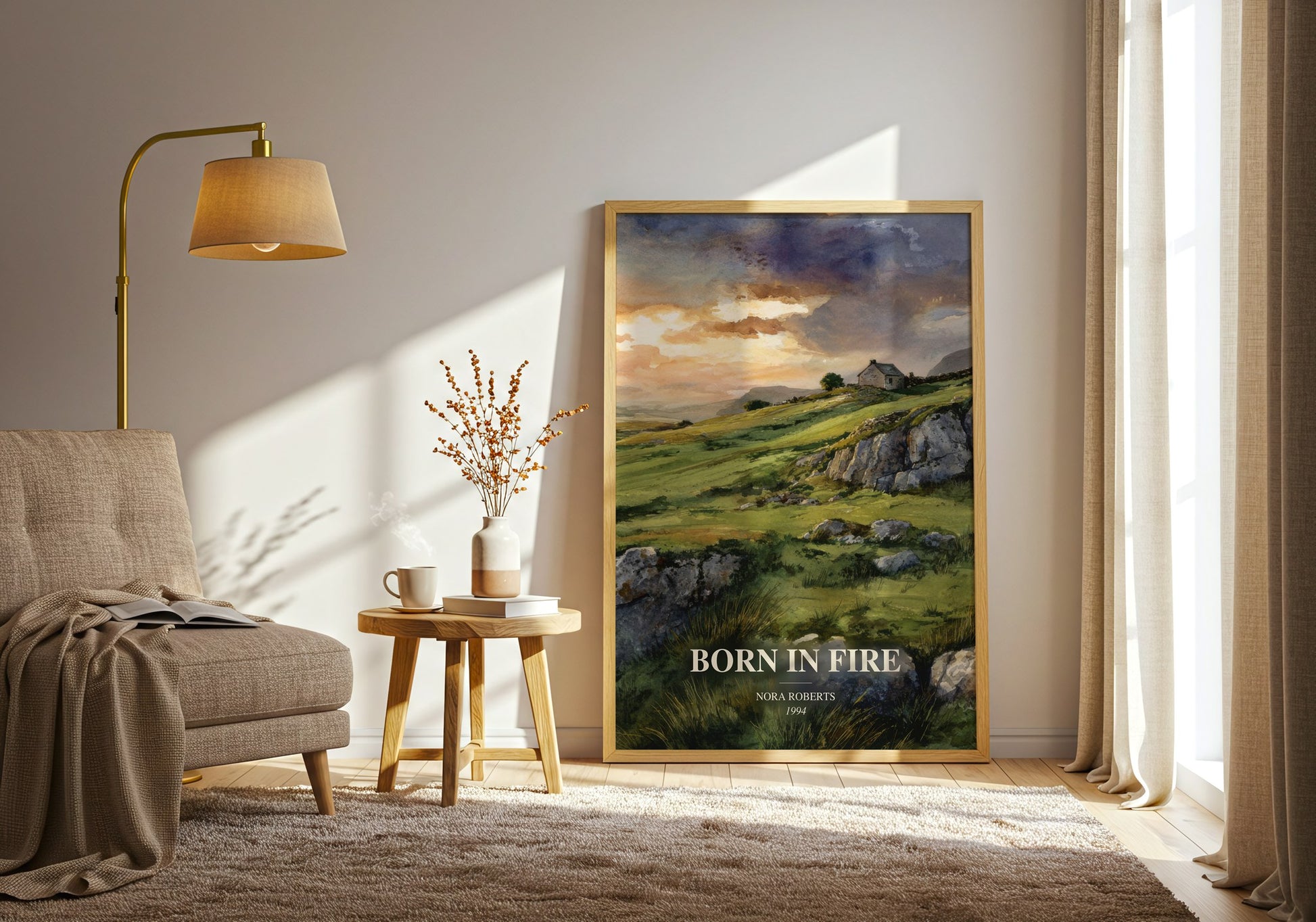 Born In Fire watercolour print in frame leaning in hallway – romance wall art