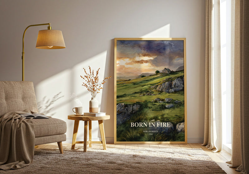 Born In Fire watercolour print in frame leaning in hallway – romance wall art