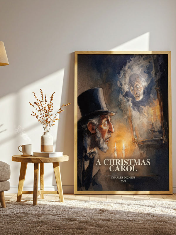 A Christmas Carol watercolour print in frame leaning in hallway – classic literature wall art