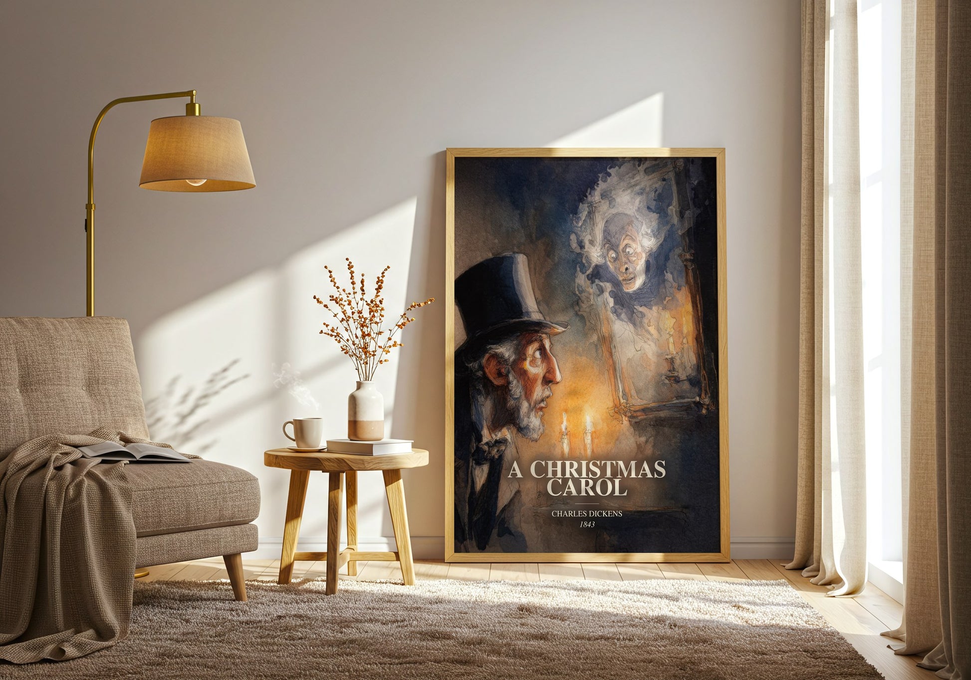 A Christmas Carol watercolour print in frame leaning in hallway – classic literature wall art